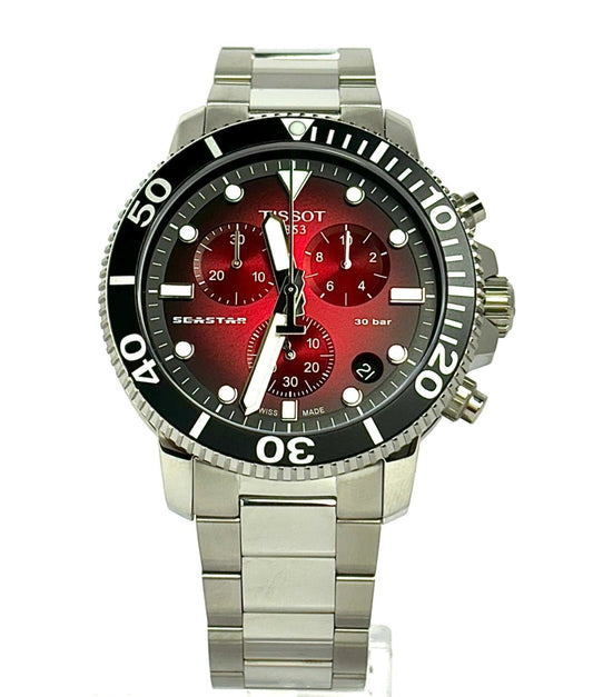 El reloj Tissot Seastar ofrece una impresionante hermeticidad de hasta una presión de 30 bares (300 m/1000 pies) se combina con la energía de un movimiento de cuarzo
Swiss made. Con una corona y un fondo roscados, un bisel de cerámica
unidireccional de seguridad y Super-LumiNova®